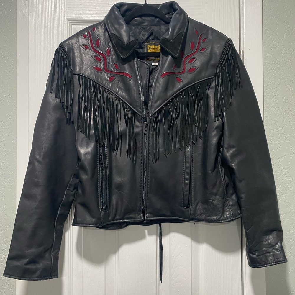 Protech Black Leather Fringe Motorcycle Jacket, Size 16, Red Inlay, Corset Back